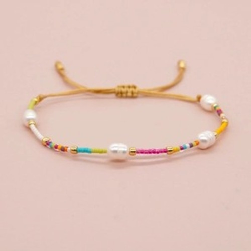 Womens Rainbow Seed Bead Freshwater Pearl Adjustable Cord Bracelet Gold Accents
